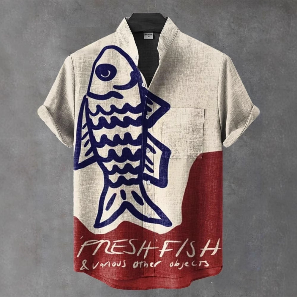 Vintage Linen Comfort Printing Short Sleeve Shirt Men Button Top
