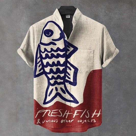 Vintage Linen Comfort Printing Short Sleeve Shirt Men Button Top
