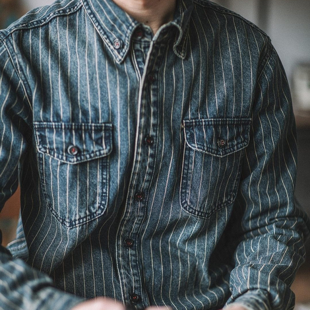Vintage Vertical Stripes Denim Shirt Workwear Washed Old Long Sleeve Men