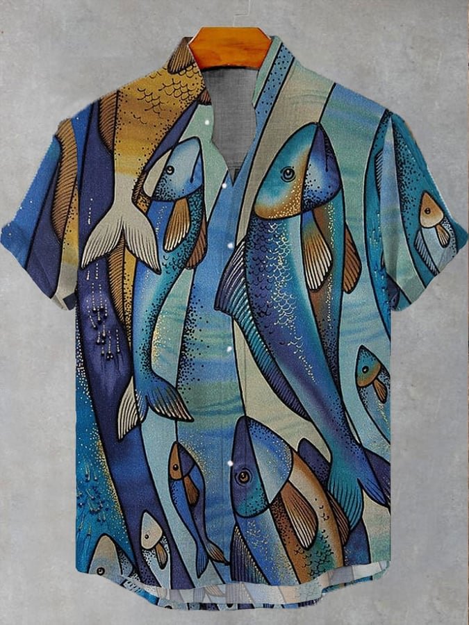 Vintage Linen Comfort Printing Short Sleeve Shirt Men Button Top